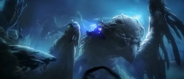 The image shows a mystical, glowing blue figure flying near a large, eerie bird-like creature in a dark, atmospheric environment.