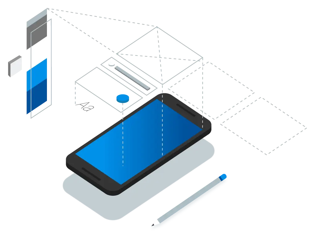 A 3D isometric illustration of a smartphone with modular UI components.